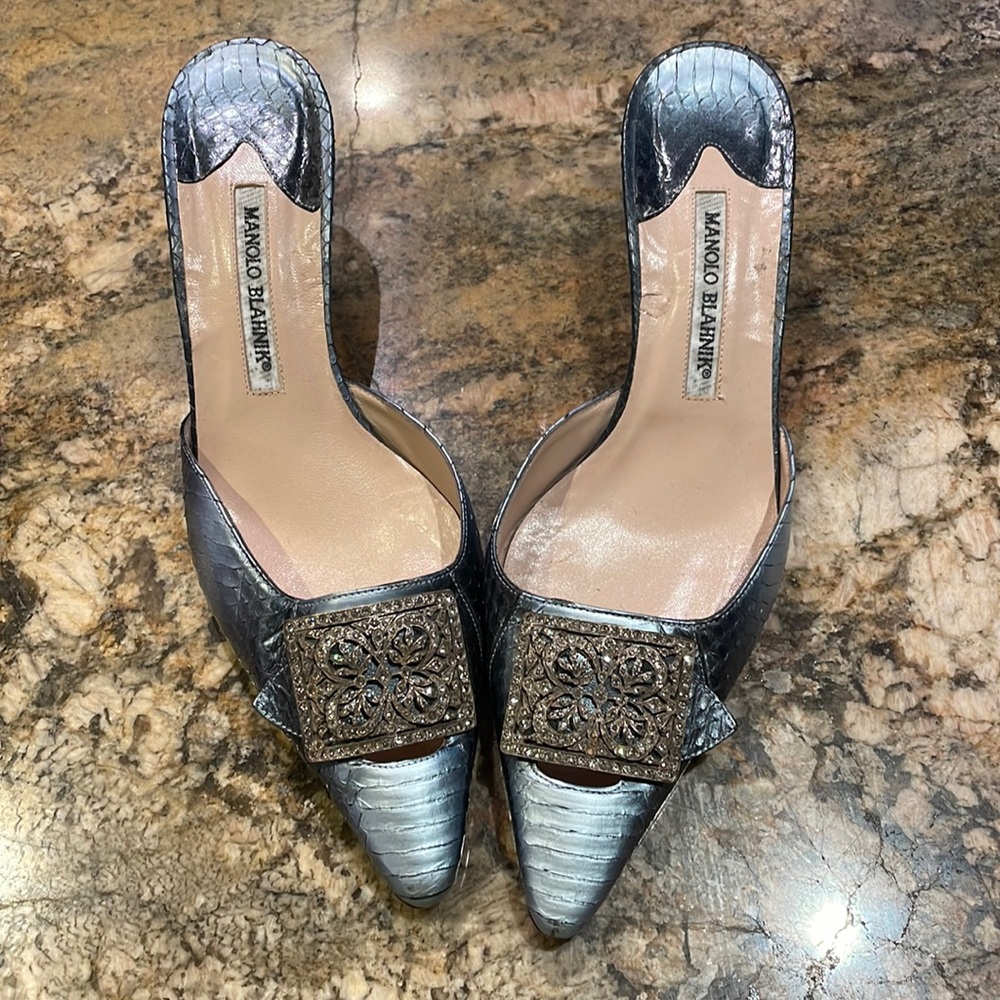 Manolo Blahnik Vintage Snakeskin Kitten Heel with Silver Jewel.